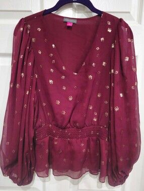 Vince Camuto Burgundy Blouse with Gold Foil Dots